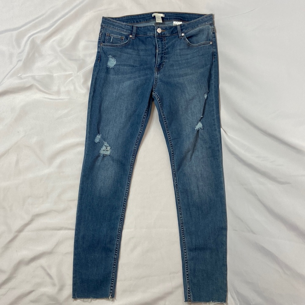 H&M 14 Skinny Distressed Jeggings Mid Wash Blue